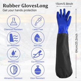 2 Pairs Long Waterproof Rubber Gloves, Pond Gloves, 25.2" Shoulder Length Insulated PVC Coated Chemical Resistant Glove Reusable, Resist Acid, Alkali&Oil, Machinery, Industry, Fishery, Aquarium Glove
