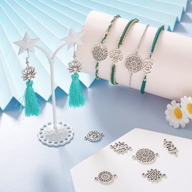 PH PandaHall 120Pcs Tibetan Style Alloy Chandelier Connector Charms 12 Style Antique Silver Hollow Flat Round Flower Lotus Chakra Component Links Pendants for DIY Jewelry Making