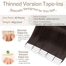 Elailite 40 Pcs Tape in Extensions Human Hair Thin Type 1.5g/pcs - Seamless Skin Weft Hair Extensions 100% Real Natural Remy Hair (#2 Dark Brown, 12 Inch-60g)
