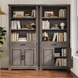 SEDETA Farmhouse Bookshelves and Bookcases with Doors and Drawer, Bookshelf with Storage, Floor Standing 6 Shelf Display Storage Shelves 70 in Tall Bookshelf for Home Office, Living Room, Grey