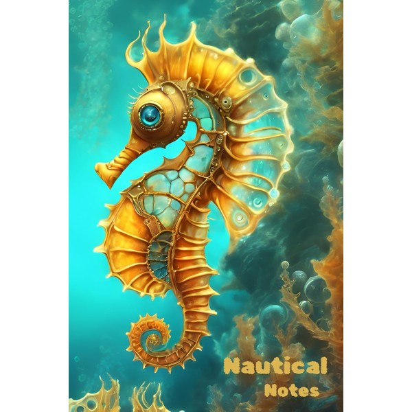 Nautical Notes: A vibrant Turquoise and Gold, Steampunk Seahorse 120