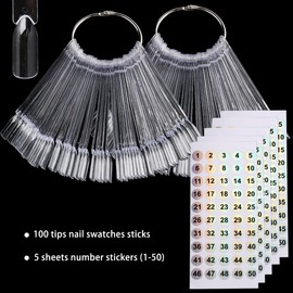 Fcozpjk 100PCS Nail Color Swatch Sticks with Number Stickers, Clear Square Nail Sample Sticks, Nail Art Display, Fan Shaped Practice Nail Tips with Ring, Nail Polish Color Chart, Nail Salon Supplies