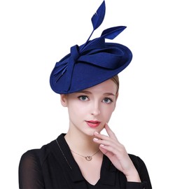 HIMESPORT Wool Felt Fascinators Hats for Women with Feather Pillbox Hats Lady Formal Church Derby Dress Elegant Wedding Fedora Hat Blue