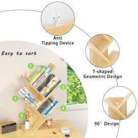 SHEEPAM 5 Tier Tree Book Shelf, Small Desktop Bookshelf with Storage Organizer, Wood Bookcase, Desk Display Bookshelves, Floor Standing Organizer Bookcases for Living Room,Bedroom,Office-Natural
