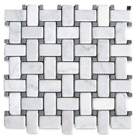 Stone Center Online Carrara White Marble 1x2 Basketweave Mosaic Tile w/Nero Marquina Black Dots Tumbled Kitchen Bath Wall Floor Backsplash Shower (1 Sheet)