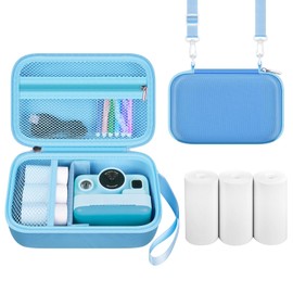 Kids Instant Print Camera Case for Dylanto/for Gofunly/for DUDUDRAGON/for ESOXOFFORE, Digital Video Camera Storage Box with 3 Roll Papers, Hold for Color Pen and Accessories (Bag Only)- Blue