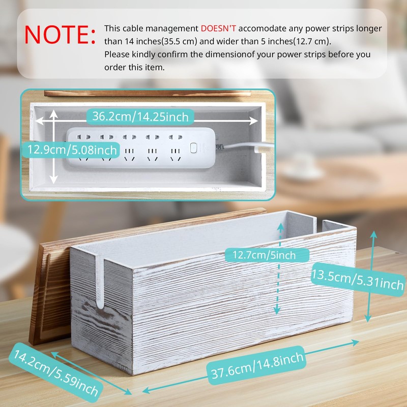 Large Cable Management Box, White Washed Wood Cord Organizer Box