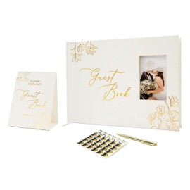 Modern Album Designs Guestbook Bundle Set (Guestbook, Sign, Photo Corners, Box & Pen Included) - Wedding Birthday Event Guestbook with Photo Insert Slot, Reception Welcome Table Decor