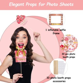 VEGCOO 40th Birthday Gifts for Women, 40th Birthday Decoration Photo Props, Inflatable Photo Booth Frame 40th Birthday Decorations for Women, 33 Pcs Different Rose Gold 40th Photo Booth Props for Her