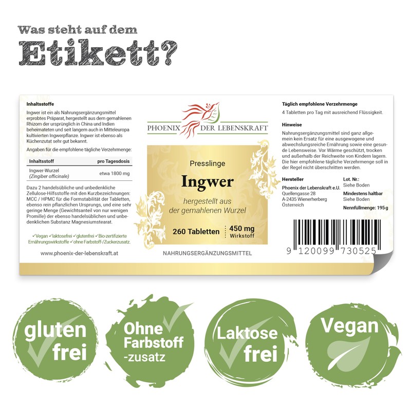Ginger Tablets 450 mg | 260 Tablets Zingiber Officinale |