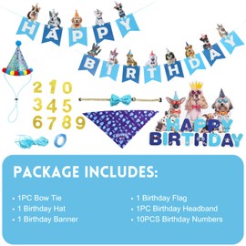 Hihope Dog Birthday Party Supplies, Boy Dog Birthday Bandana Set with Cute Dog Bowtie, Scarf, Birthday Banner and Hat with Numbers for Small Medium Dogs,Blue Dog Birthday Outfit Dog Presents, DB011BL