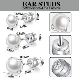 GLLBTPT Pack of 3 Screw Back Pearl Earrings Studs 3MM/5MM/7MM,Quality Stainless Steel Stud Earrings for Men Women Birthday Anniversar