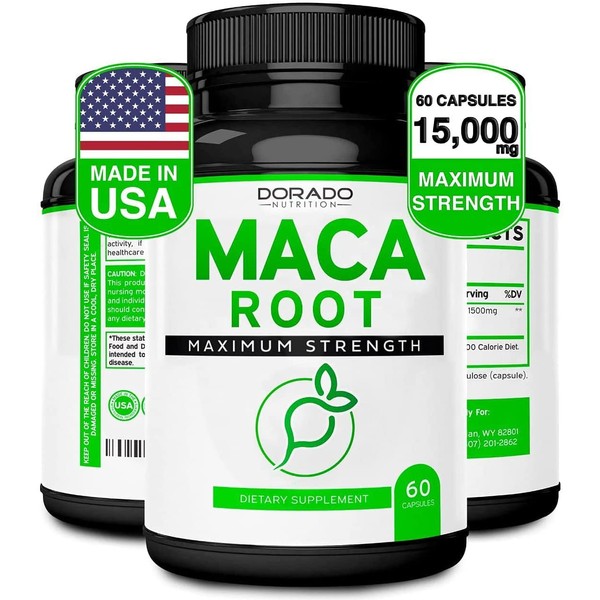 Maca Root Capsules for Men & Women - 15,000mg Extract Equivalent - [Maximum Strength] - Zero Fillers - Gluten Free & Non-GMO - 60 Capsules