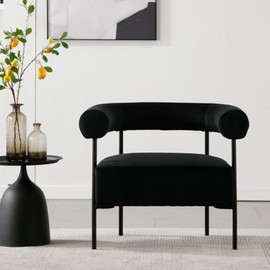 BESTANO Modern Accent Chair with Black Metal Legs, Velvet Upholstered Barrel Armchair with Curved Backrest for Living Room Small Space, Black