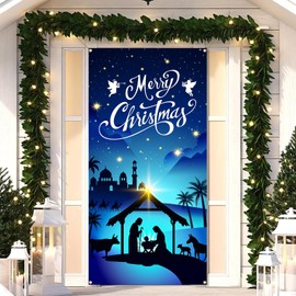 Nativity Scene Christmas Door Cover for Front Door - Fabric Jesus Holy Night Religious Decor