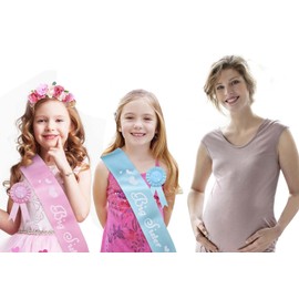 3 Pieces Big Sister Accessory Set, Include Big Sister Satin Sash, Badge Pin and Flower Crown for Baby Shower Party (Blue)