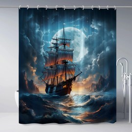 ZZYSKS Pirate Ship Shower Curtain Nautical Sailboat Sailing Ocean Adventure Full Moon Cloudy Night Sky Polyester Fabric Bathroom Decor Curtains Set with Hooks 70Wx70H Inch