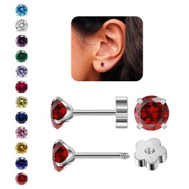 3mm G23 Flower Flat Back Earrings Hypoallergenic Screw Back Stud Earrings Cubic Zirconia Earrings Helix Cartilage Earrings for Women (January)