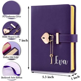 Poshieca Heart Shaped Lock Diary with Key PU Leather Cover Journal Personal Organizers Secret Notebook for Girls & Women B6 Size 5.3x7inch (Purple Diary With Name Print)