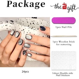 RUNRAYAY Black Milky Way Press on Nails, Cat's Eye Short Fake Nails French Acrylic Full Cover False Nails for Women and Girls 24Pcs