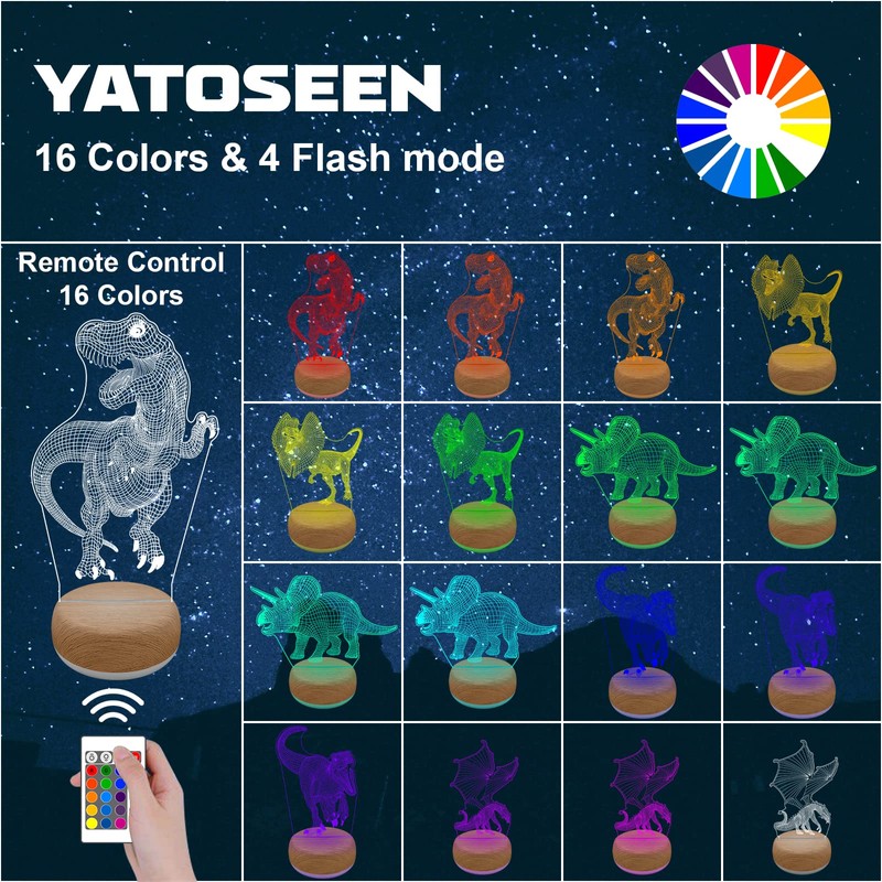 YATOSEEN Dinosaur 3D Illusion Lamp, Dinosaur Night Lights with 16