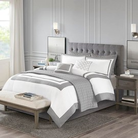 Madison Park Heritage 8 Piece Comforter and Quilt Set Collection - Modern Luxury Design, All Season Down Alternative Bedding, Matching Shams, Decorative Pillows - Color: Grey, Bedding Size: King/Cal King