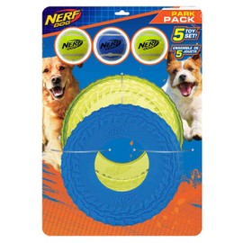 Nerf Dog 5-Piece Dog Toy Gift Set, Includes 2.5in Squeak Tennis Ball 3-Pack, 10in Translucent TPR Tire Flyer, and 10in TPR Tire Flyer, Nerf Tough Material, Green and Blue