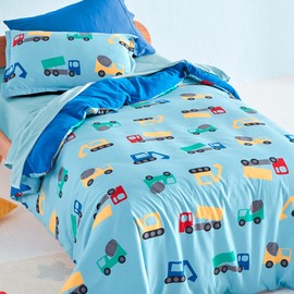 SLEEP ZONE Cute Printed Kids Duvet Cover Set Full/Queen Size 3 Pieces - Super Soft Comforter Cover with 2 Pillow Shams, Easy Care Zipper Closure (Construction Truck, Full/Queen)
