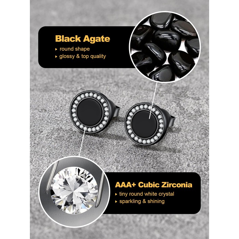 U7 Black Onyx Mens Earrings 925 Sterling Silver Round Black