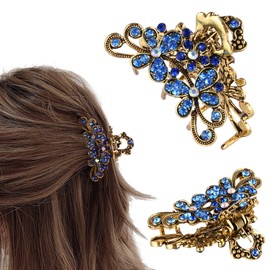 CROWN GUIDE Vintage Rhinestone Hair Claw Crystal Jaw Clips,Metal Alloy Fancy Hair Barrette Decorative Flowers Hair Clasps Accessories for Women Thick Hair Blue