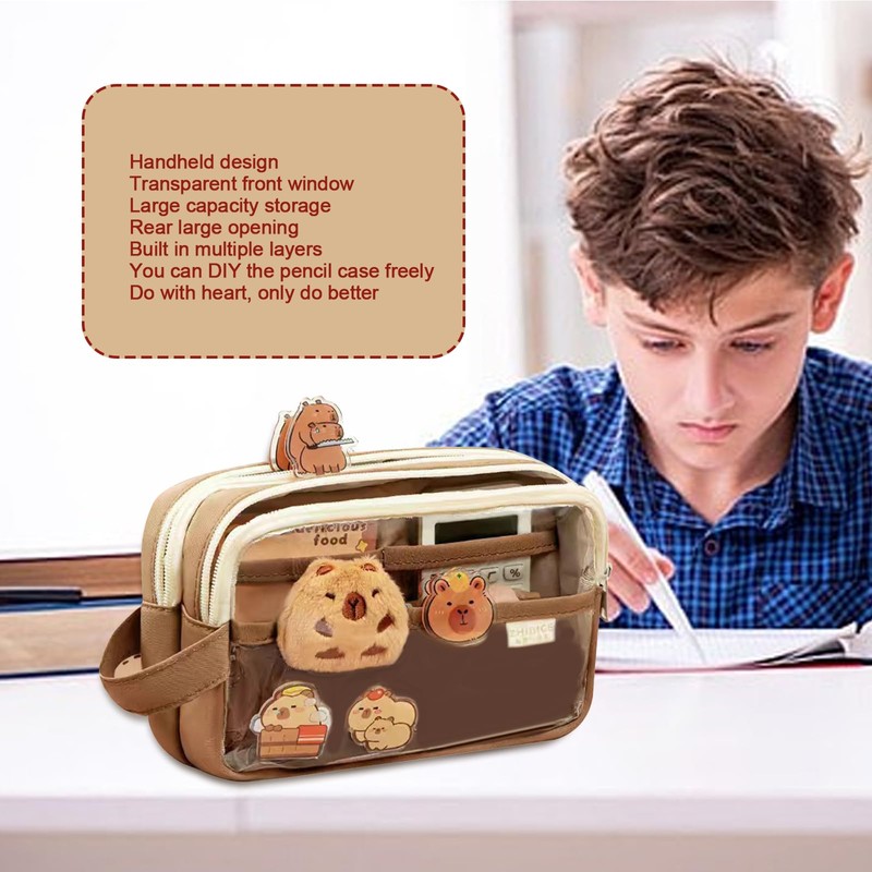 Landrain Capybara Pencil Case, 5 Layers Pencil Case, coffee, capybara