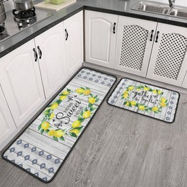 Sunopas Lemon Kitchen Rug 2 Pieces Set, Washable Non-Slip Kitchen Sink Farmhouse Decor Carpet, Home Water Absorb Microfiber Cushioned Kitchen Floor Standing Mats 17"x47"+17"x30"