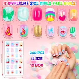 240 uñas postizas para niñas, uñas postizas acrílicas cortas de cobertura completa, kit de decoración de uñas para niñas (patrón degradado) (dulce)