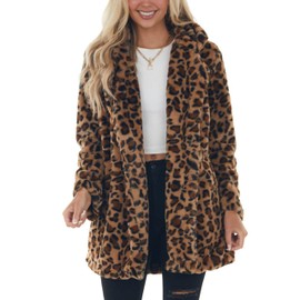SeekMe Womens Faux Fur Coats Leopard Jackets Loose Warm Fall Winter Fluffy Jacket Outwear(1807-Brown-Small-FY)