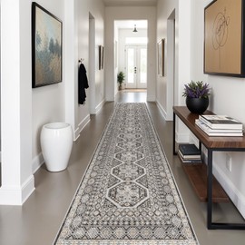 3x14 Runner Rug Kitchen Washable: Oriental Indoor Hallway Runners with Non Slip Backing Floor Mat for Entryway Door Low Pile Thin Carpet for Bedroom Bathroom Living Room Bedside Black