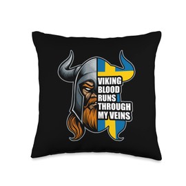 Swedish Flag Viking Warrior Odin Valhalla Ragnarok Sweden Blood Runs Through My Veins Norse Vikings Throw Pillow, 16x16, Multicolor