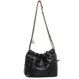 Harzio Women's Shoulder Bag, Ribbon, Silver Chain, Ballet Core Gather Bag, Chain, Drawstring, Black, White, Small, Stylish, Cute (Black)