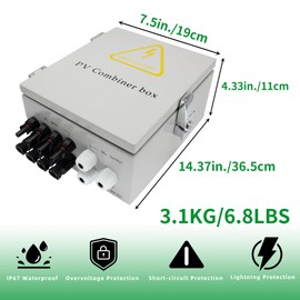 4 String Solar Combiner Box, IP65 Waterproof PV Combiner Box for On/Off Grid Solar System, with Lightning Arrester, 15A Rated Current Fuse& 63A Circuit Breaker (Metal Box)