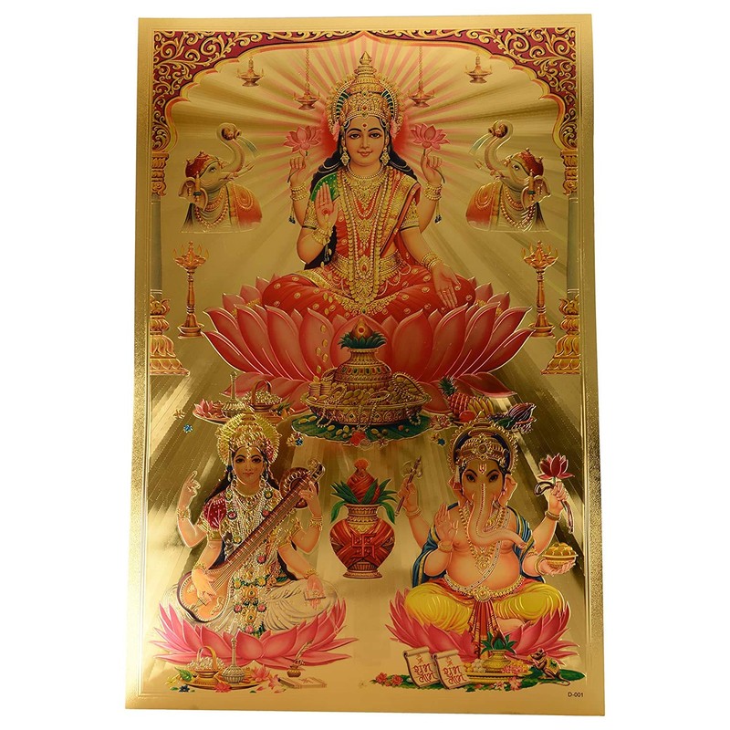 Aone Foil Religious Lakshmi Saraswati and Ganesh Poster, Multicolour, Standard