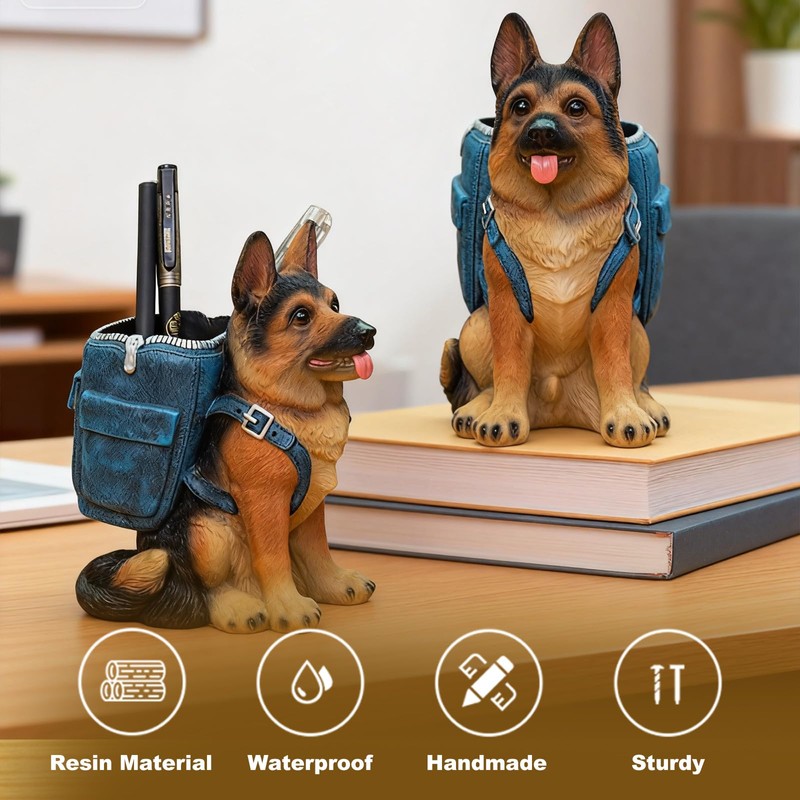Upriver German Shepherd Pen Holder for Desk, Cute Dog Resin