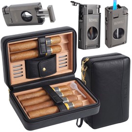 BZWBZ Travel Cigar Humidor Set,Torch Lighter with Cigar V Cutter, Hole Punch, Spanish Cedar Wood Humidor,Black Leather