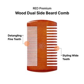 RED by Kiss Premium Wood Men Dual Side Beard Comb, Easy Detangling and Styling, Durable Design for Gentle Beard Hair & Mustache Grooming Essential, No Snagging & Pulling, Maximize Conditioning