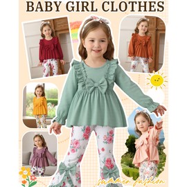 Saeaby Toddler Baby Girl Clothes Infant Winter Outfits Girls Outfit Set Yellow Soild Color Shirt Flared Pants 1 Yr Old Girl Gifts 12-18 Months Girl Clothes