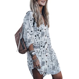 Women’s Swimsuit Cover up,Silky Button Down Shirt Midi Dress Kimono,Summer Bathing Suit Beach Coverups for Women (Black Plants, Large)