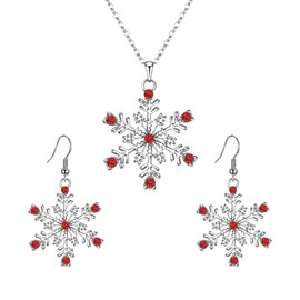 EVER FAITH Austrian Crystal Snowflake Jewelry Set Flower Pendant Necklace Fishhook Earrings Sets for Women Red Silver-Tone