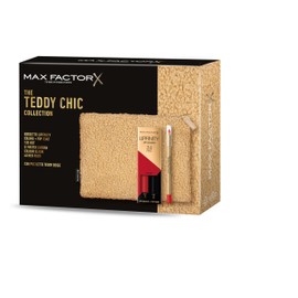 Max Factor, Gift Box for Women, Teddy Chic, Soft Teddy Fabric Clutch Bag with Lipfinity 120 Hot + Colour Elixir Lipstick 60 Red Ruby
