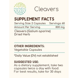 HerbEra Cleavers 120 Capsules, 400 mg, Cleavers (Galium aparine) Dried herb (120 Capsules)