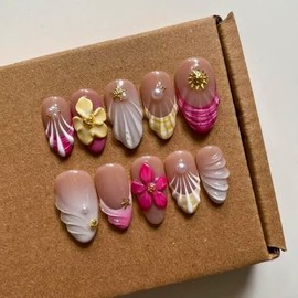 Uñas postizas de almendra medianas hechas a mano, diseño artístico, uñas postizas acrílicas gruesas y de gel multicapa
