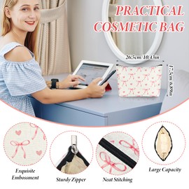 1Pcs Pink Bow Makeup Bag for Women Girls, Cute Coquette Cosmetic Bags, Pink Lovely Heart and Bow Preppy Makeup Pouch with Zipper, Travel Toiletry Bag Gifts for Women Teens Girls, Beige