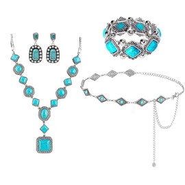 5Pcs Bohemian Turquoise Jewelry Set, Western Jewelry for Women Turquoise Pendant Long Choker Vintage Turquoise Dangle Earrings Turquoise Faux Leather Layered Bracelets Boho Waist Chain Belt Straw